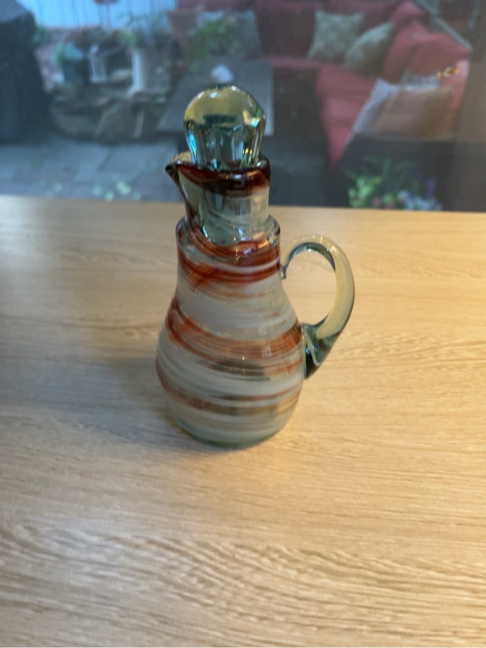 Vintage Hand Blown Art Glass Cruet Stopper Red White Swirl Applied Handle 6”